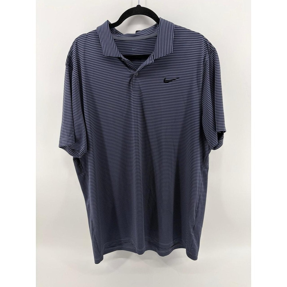 Nike, Gray Navy Blue, Striped Dri-Fit Short Sleeve Polo Shirt, Mens Size XL